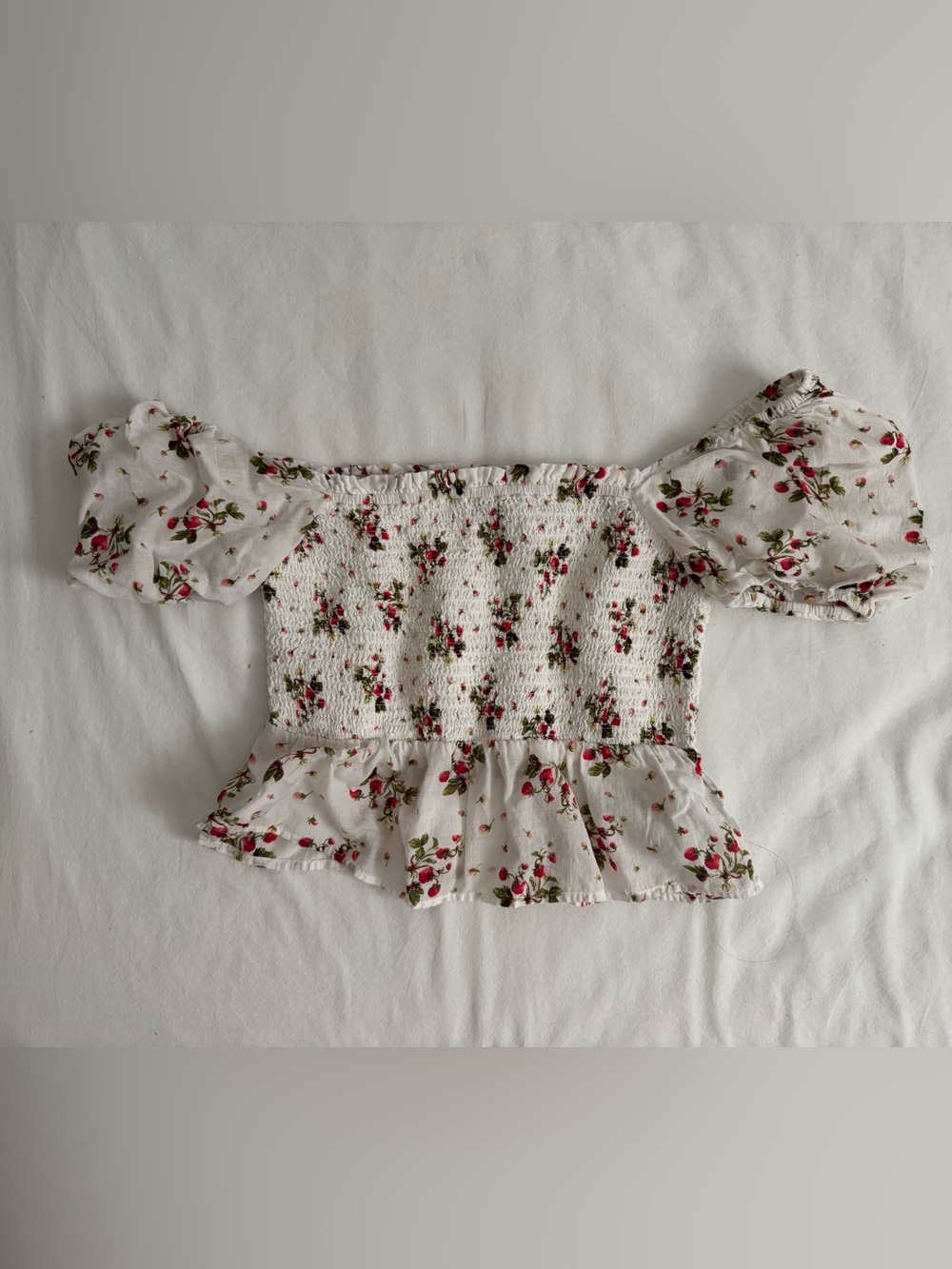 J. Crew White Smocked Off-Shoulder Crop Top with Pink Rose Print